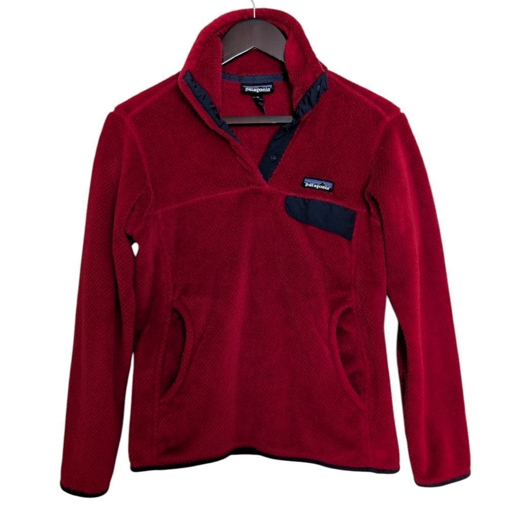 Patagonia Women's Re-Tool Snap-T Fleece Pullover XS 25442 Ruby Red w/ Navy Trim